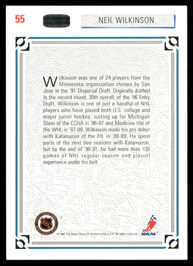 Neil Wilkinson 1991-92 Upper Deck #55b San Jose Sharks