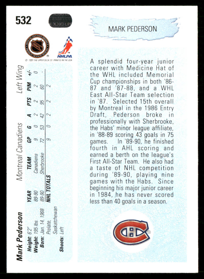 Mark Pederson 1990-91 Upper Deck #532b RC Montreal Canadiens
