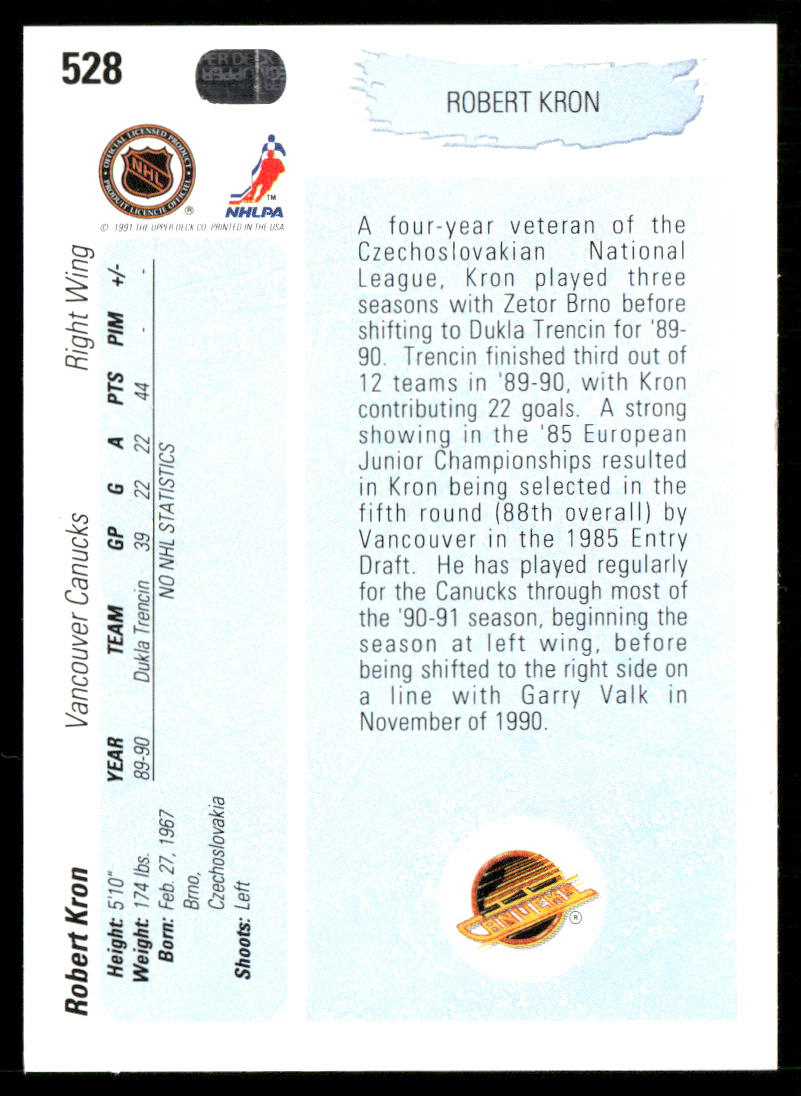 Robert Kron 1990-91 Upper Deck #528 RC Vancouver Canucks