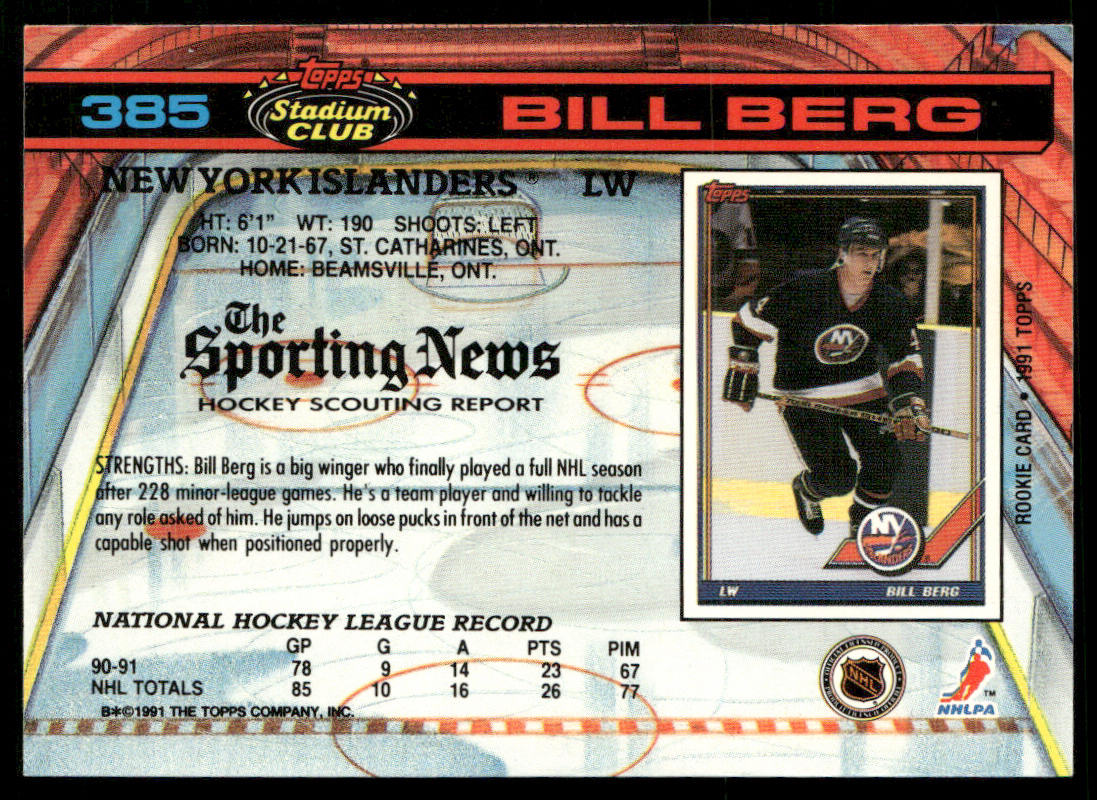 Bill Berg 1991-92 Stadium Club #385 RC New York Islanders