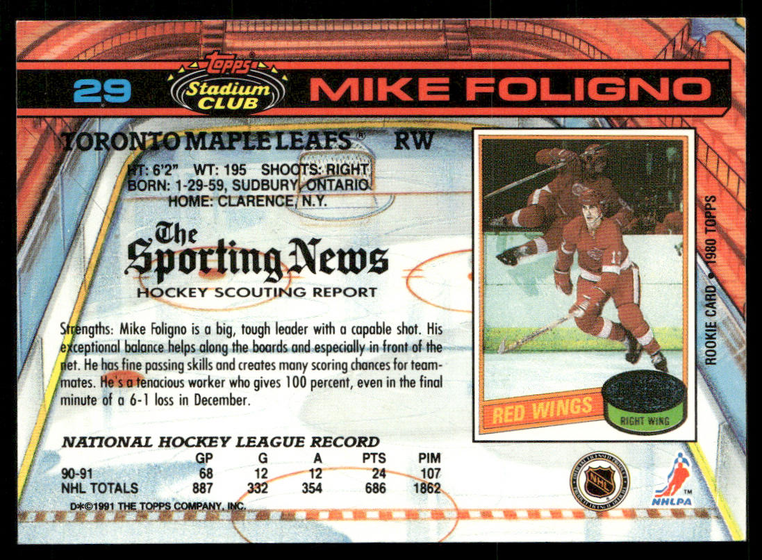 Mike Foligno 1991-92 Stadium Club #29 Toronto Maple Leafs