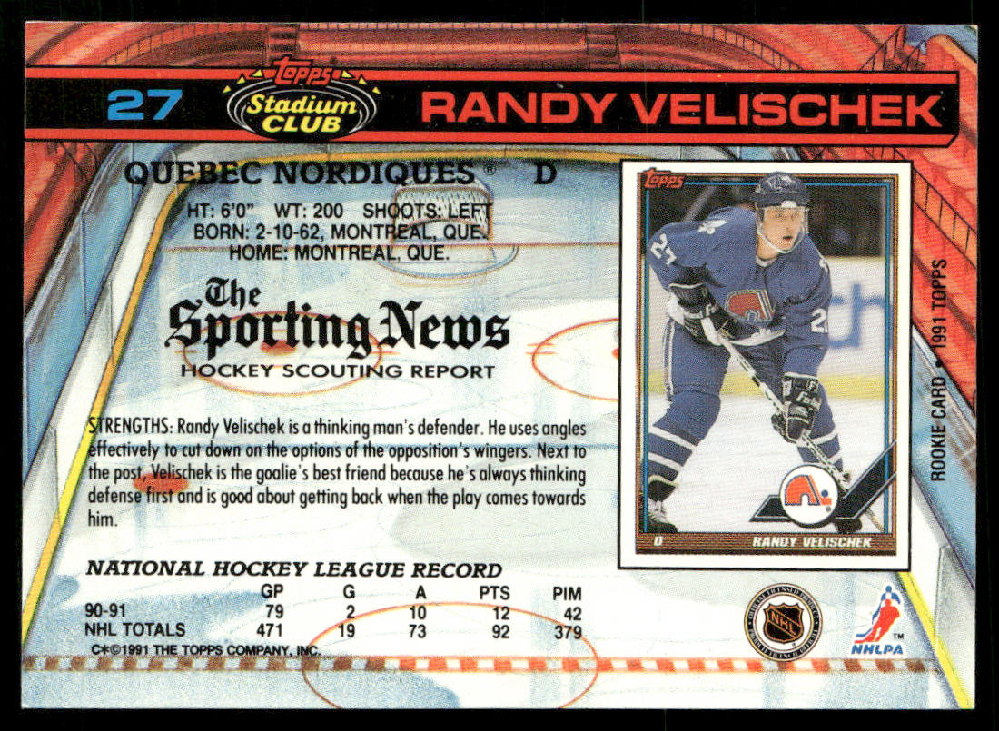 Randy Velischek 1991-92 Stadium Club #27 Quebec Nordiques