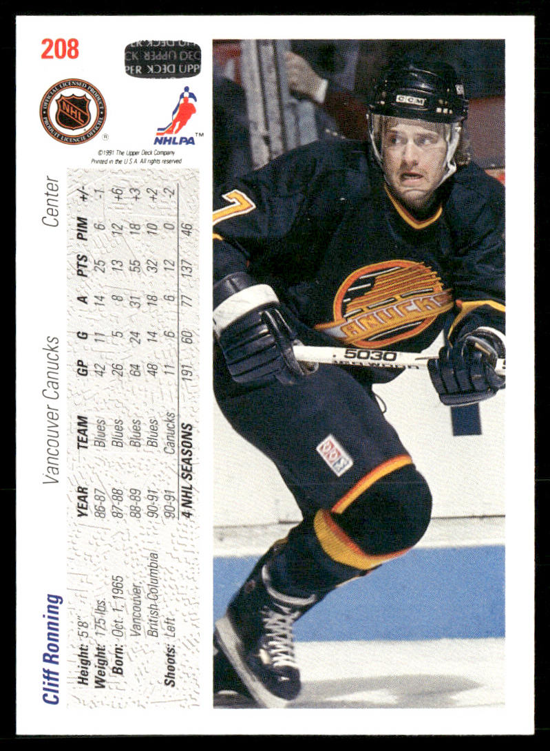Cliff Ronning 1991-92 Upper Deck #208 Vancouver Canucks