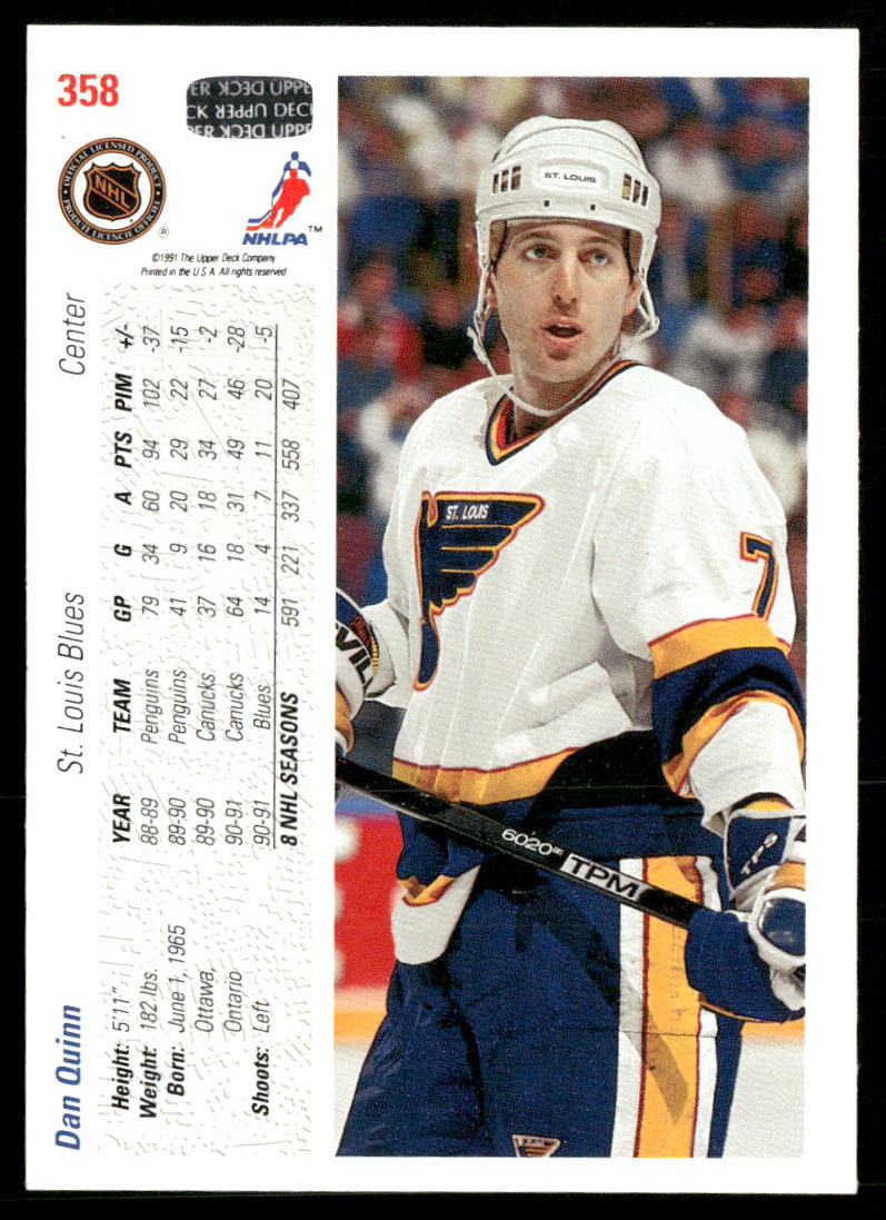 Dan Quinn 1991-92 Upper Deck #358 St. Louis Blues