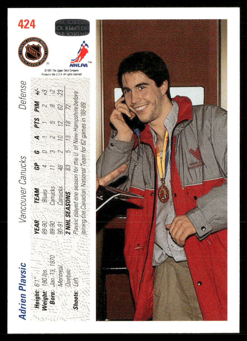 Adrien Plavsic 1991-92 Upper Deck #424 Vancouver Canucks