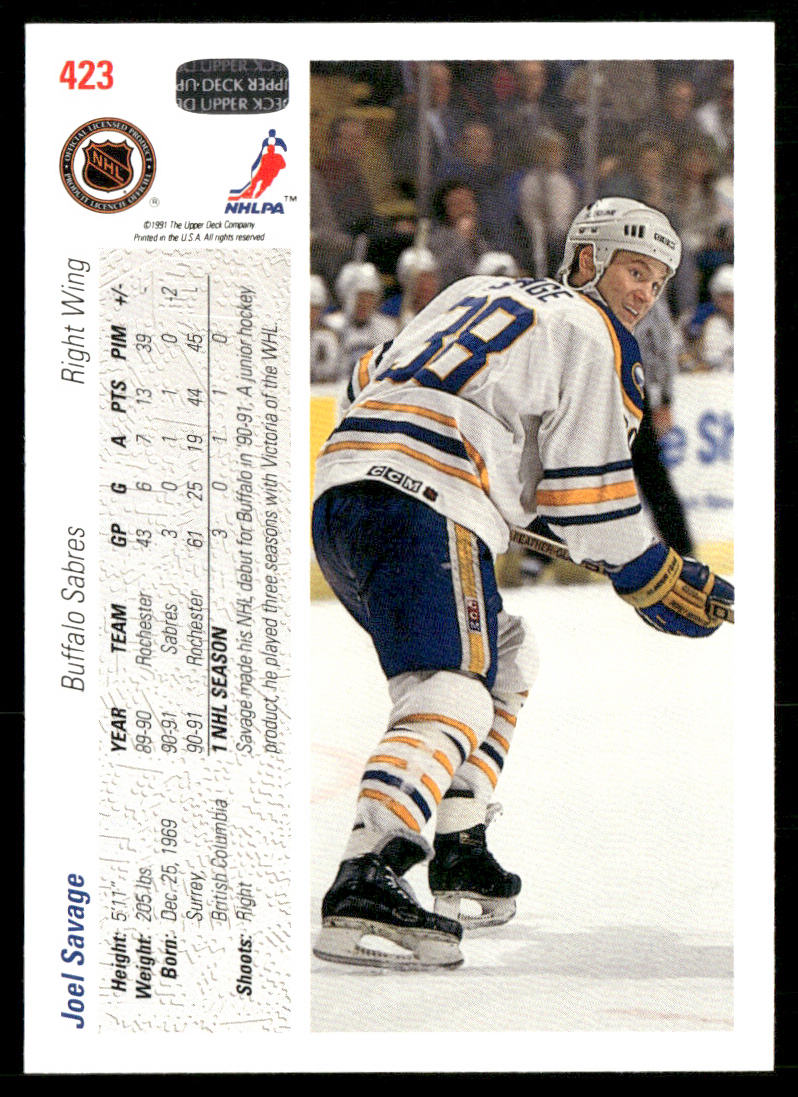 Joel Savage 1991-92 Upper Deck #423b Buffalo Sabres