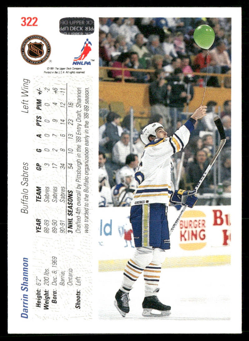 Darrin Shannon 1991-92 Upper Deck #322 Buffalo Sabres
