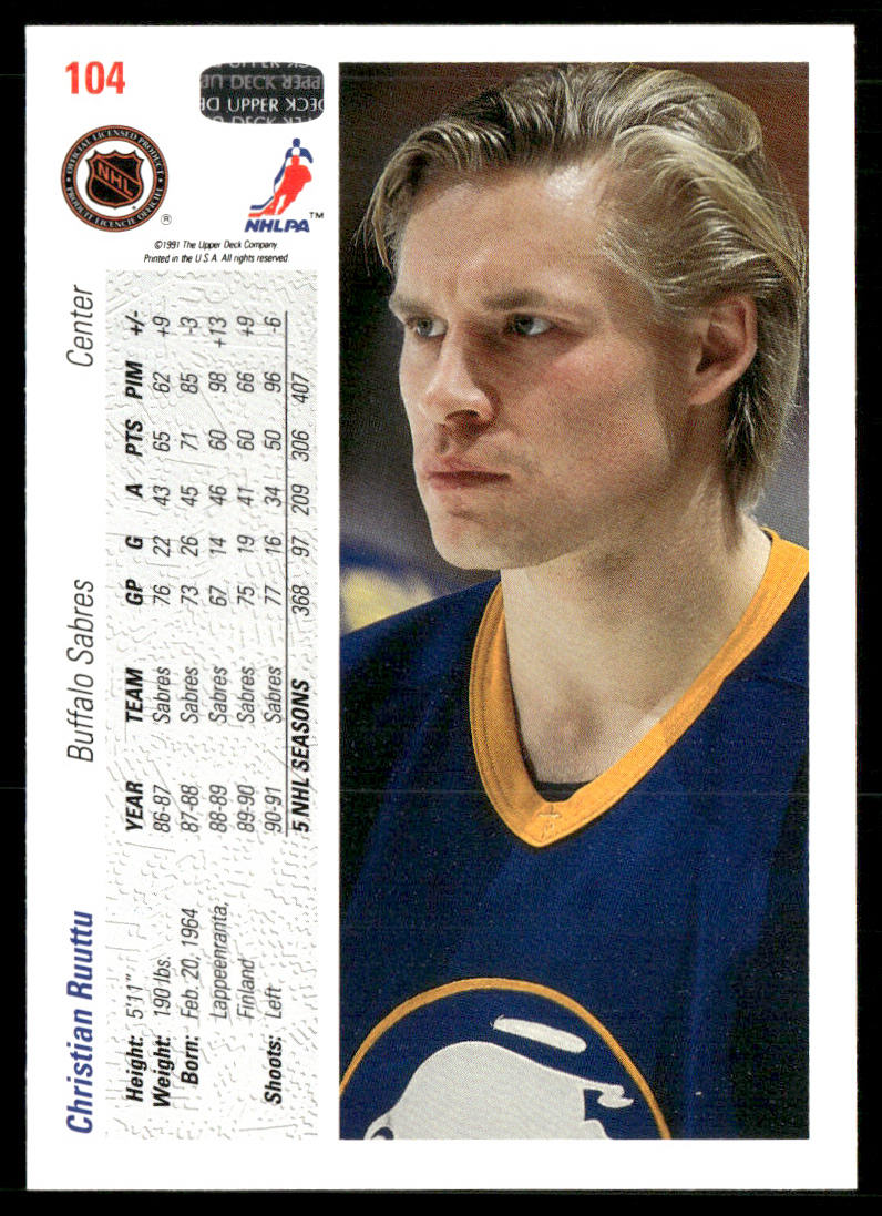 Christian Ruuttu 1991-92 Upper Deck #104b Buffalo Sabres
