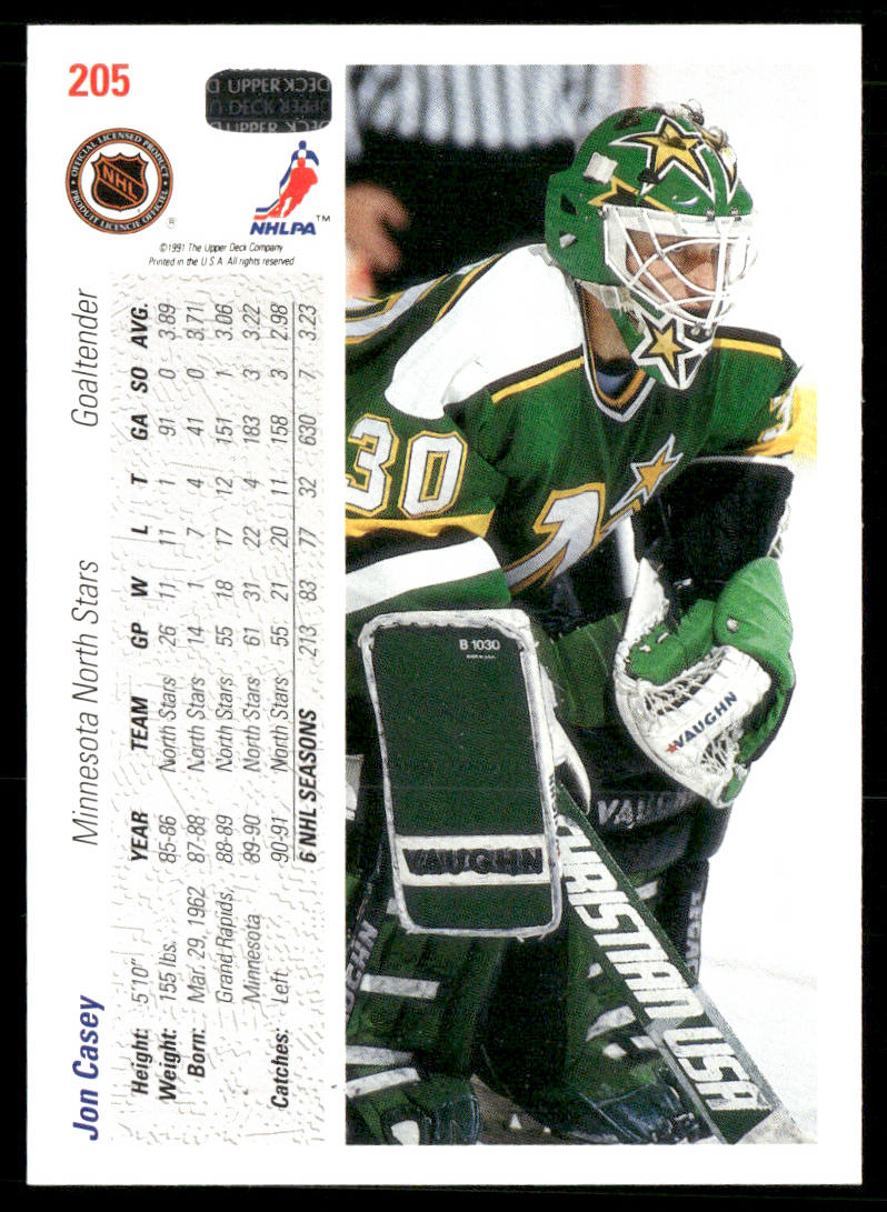 Jon Casey 1991-92 Upper Deck #205b Minnesota North Stars