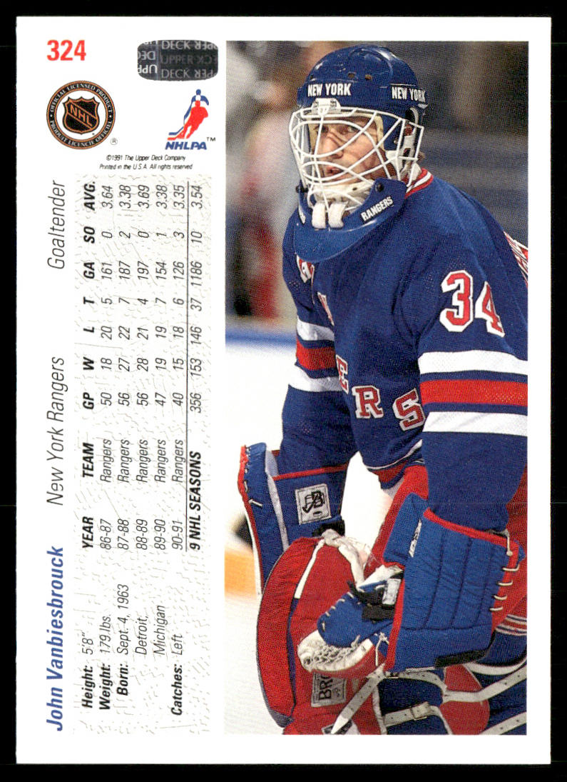 John Vanbiesbrouck 1991-92 Upper Deck #324 New York Rangers
