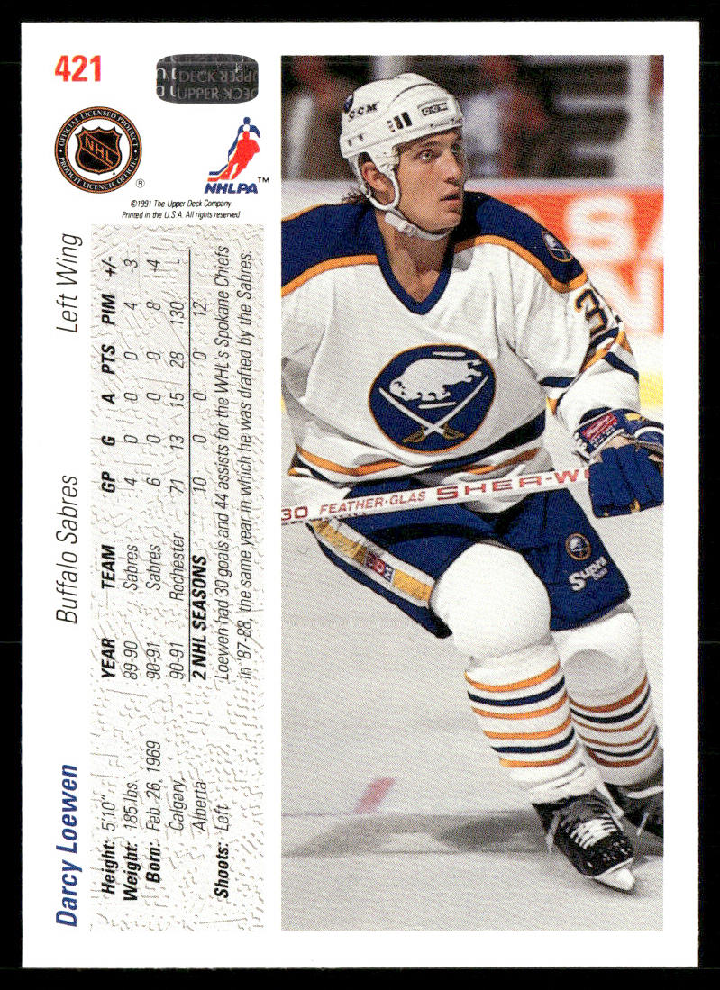 Darcy Loewen 1991-92 Upper Deck #421 RC Buffalo Sabres