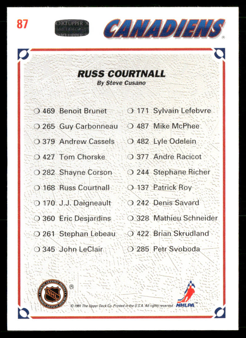 Russ Courtnall 1991-92 Upper Deck #87b Montreal Canadiens