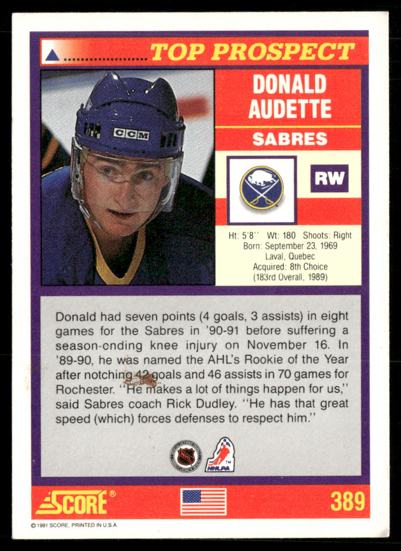 Donald Audette 1991-92 Score American #389 Buffalo Sabres
