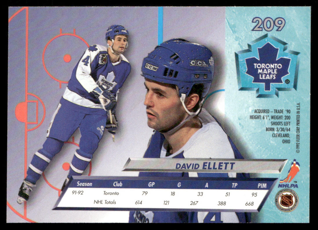 Dave Ellett 1992-93 Ultra #209 Toronto Maple Leafs