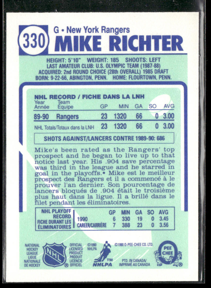 Mike Richter 1990-91 O-Pee-Chee #330 RC New York Rangers