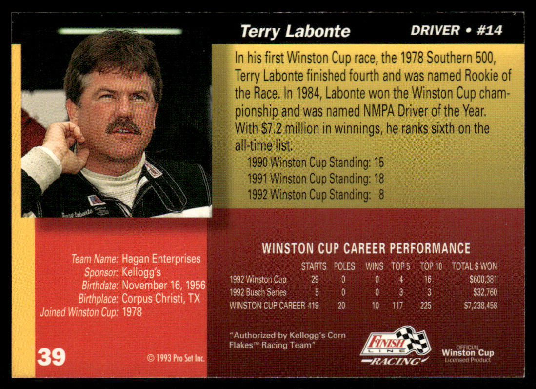 Terry Labonte 1993 Finish Line #39 Hagan Enterprises