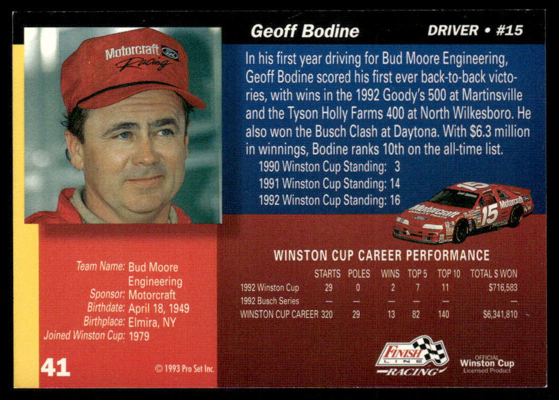 Geoff Bodine 1993 Finish Line #41 Bud Moore Engineering