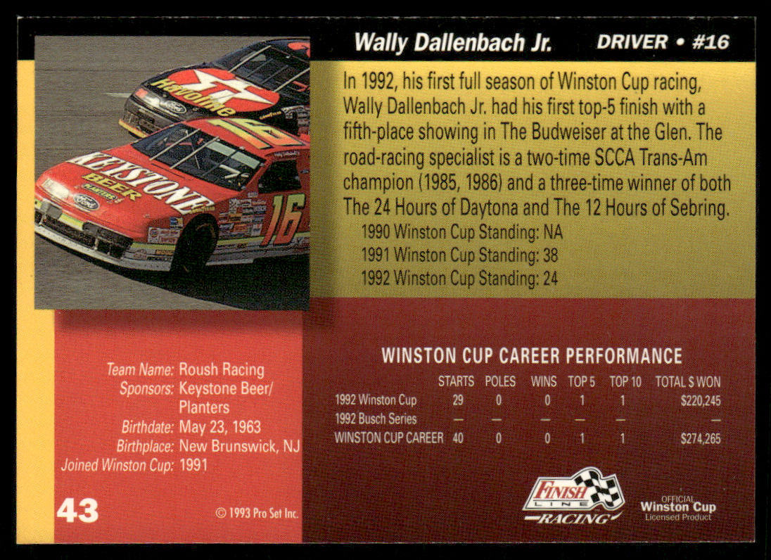 Wally Dallenbach Jr. 1993 Finish Line #43 Roush Racing
