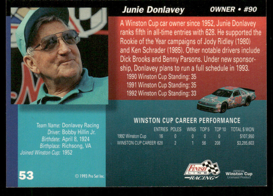 Junie Donlavey 1993 Finish Line #53 Donlavey Racing