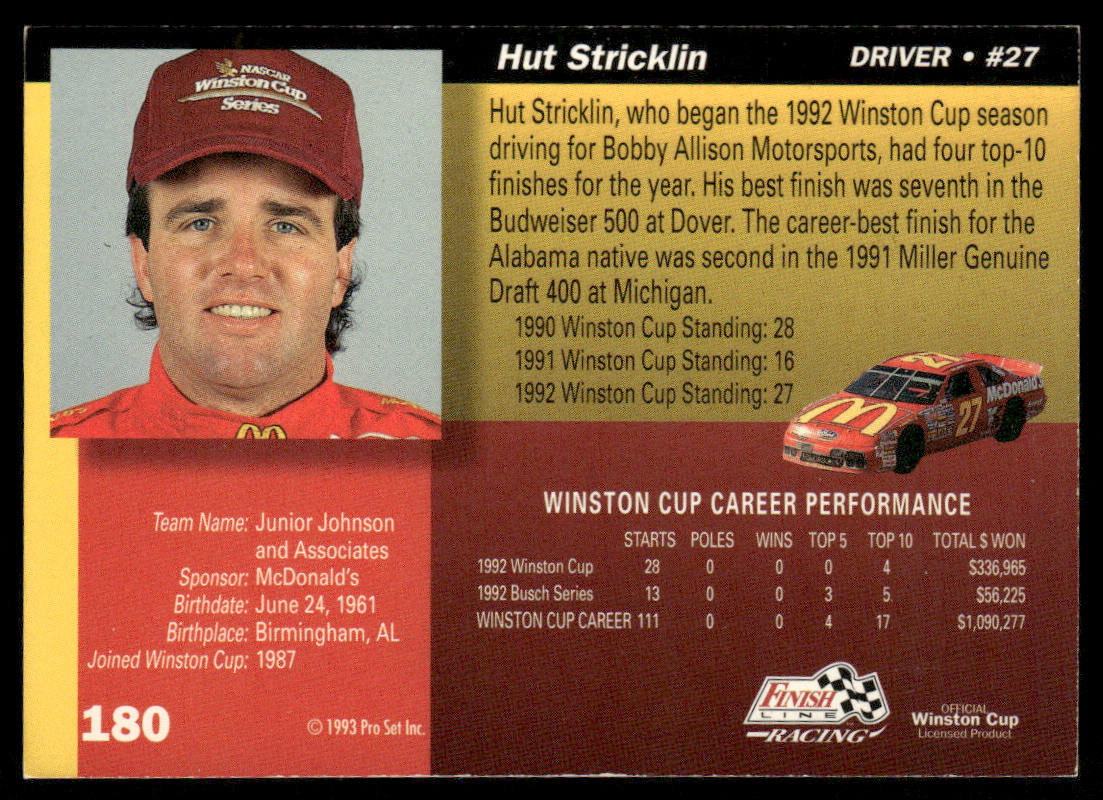 Hut Stricklin 1993 Finish Line #180 Junior Johnson & Associates