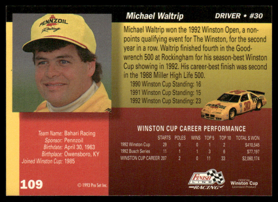 Michael Waltrip 1993 Finish Line #109 Bahari Racing