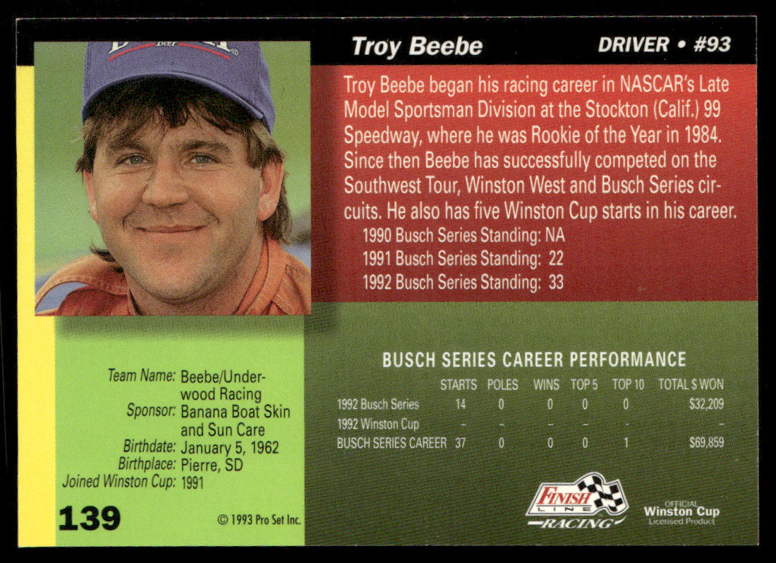 Troy Beebe 1993 Finish Line #139 Beebe/Underwood Racing