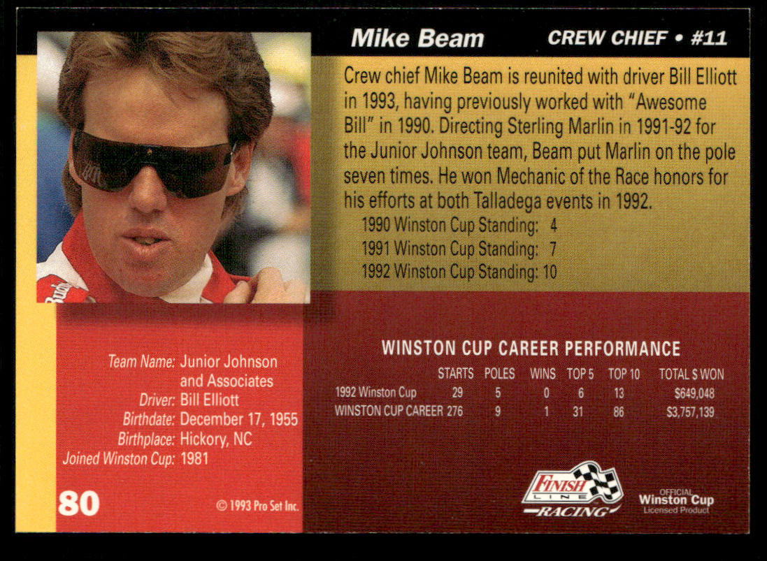 Mike Beam 1993 Finish Line #80 Junior Johnson & Associates