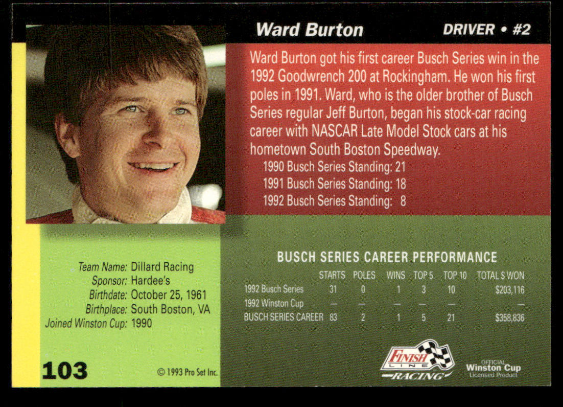 Ward Burton 1993 Finish Line #103 A.G. Dillard Racing