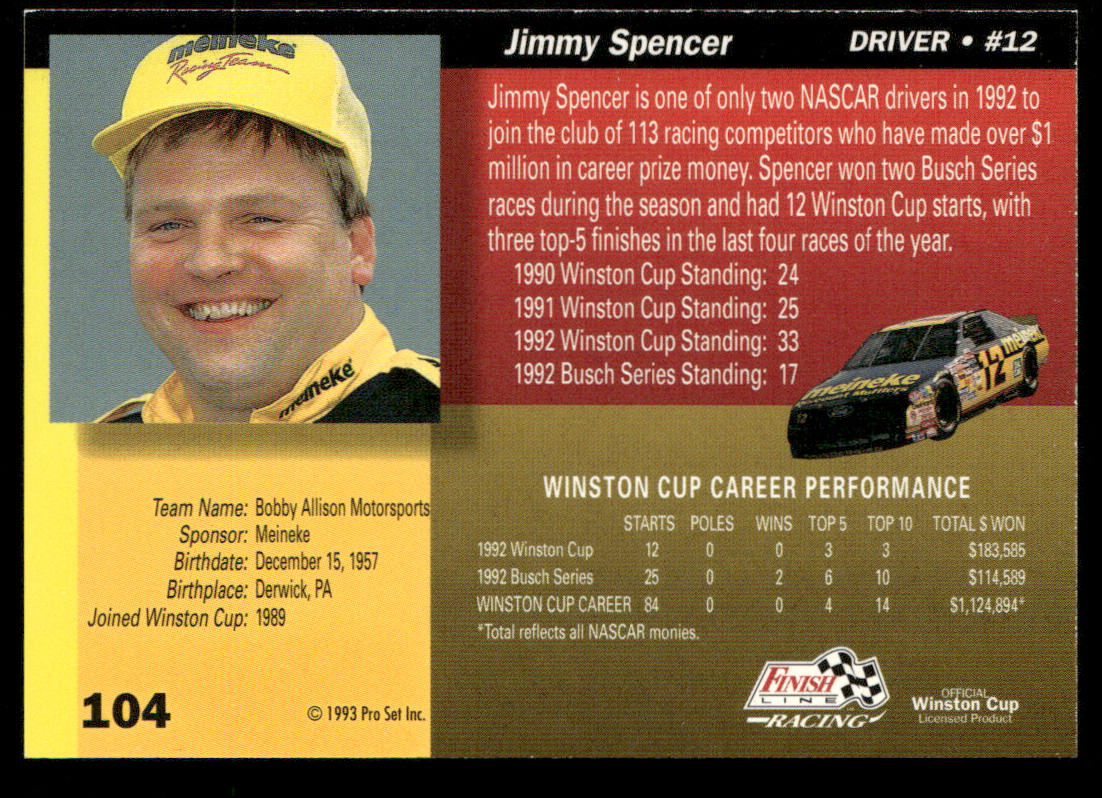 Jimmy Spencer 1993 Finish Line #104 Bobby Allison Racing
