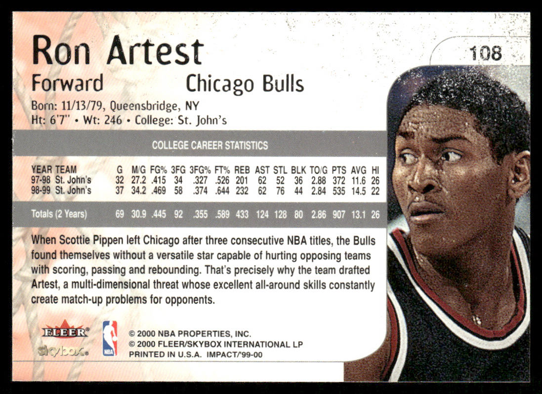 Ron Artest 1999-00 SkyBox Impact #108 RC Chicago Bulls