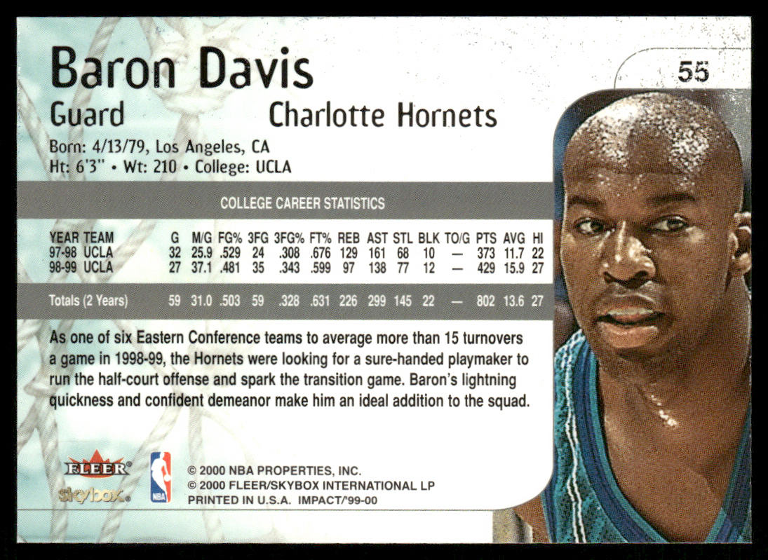 Baron Davis 1999-00 SkyBox Impact #55 RC Charlotte Hornets