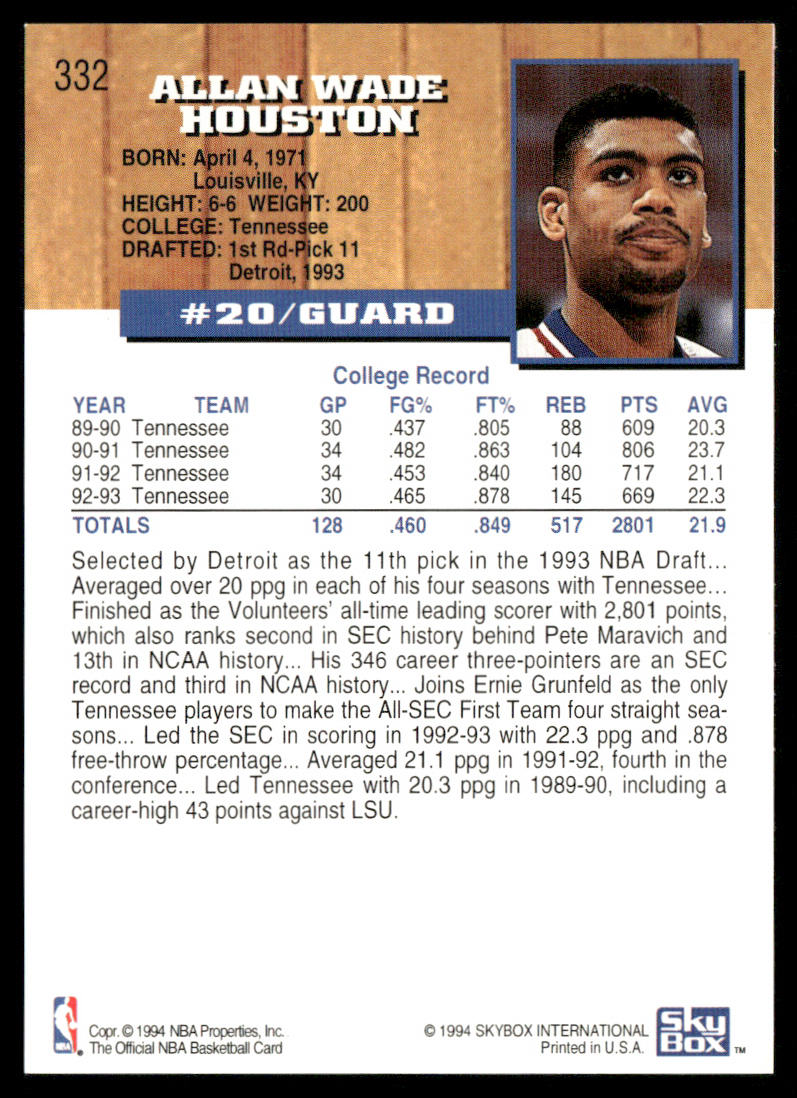 Allan Houston 1993-94 Hoops #332 RC Detroit Pistons