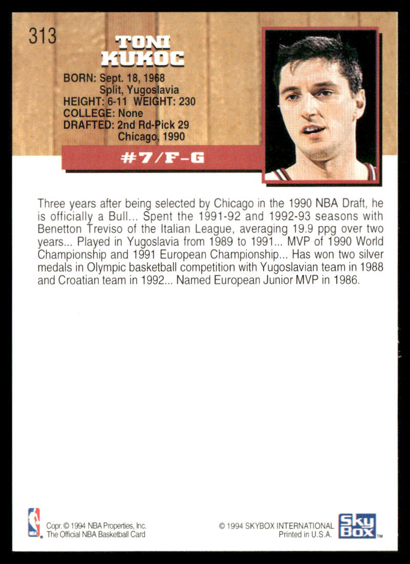 Toni Kukoc 1993-94 Hoops #313 RC Chicago Bulls