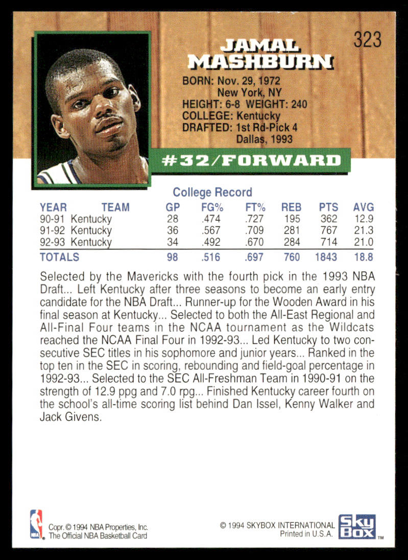 Jamal Mashburn 1993-94 Hoops #323 RC Dallas Mavericks