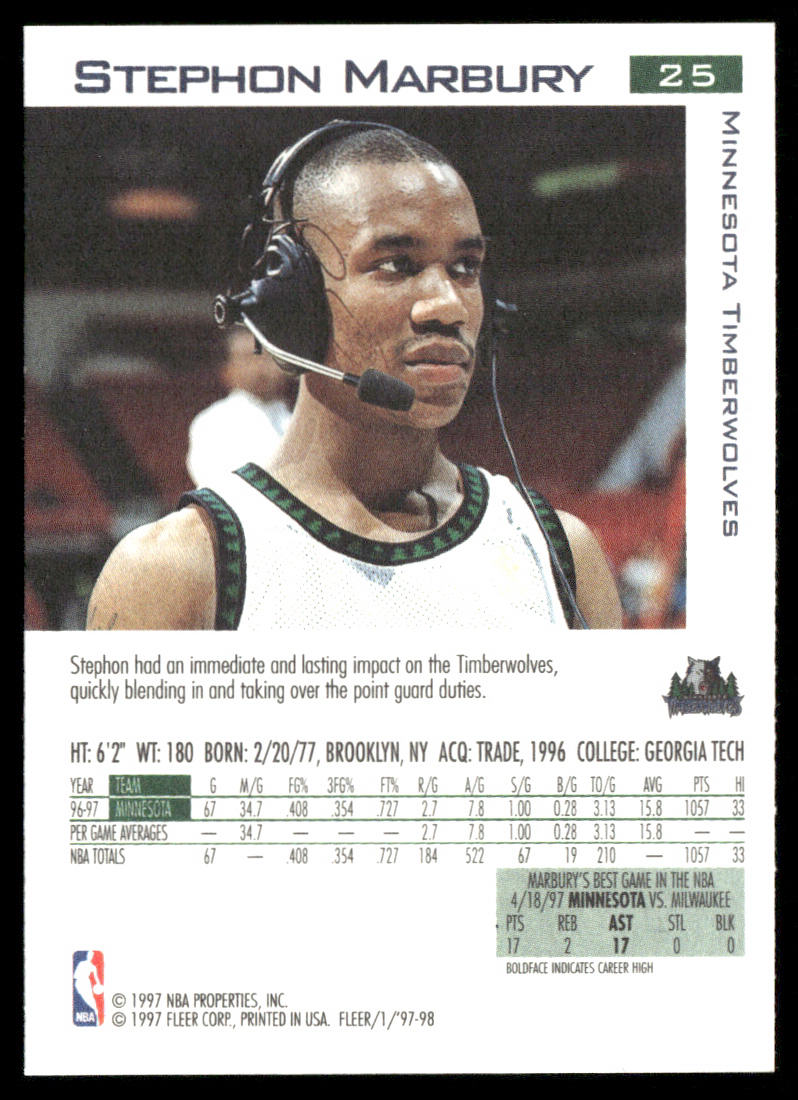 Stephon Marbury 1997-98 Fleer #25 Minnesota Timberwolves