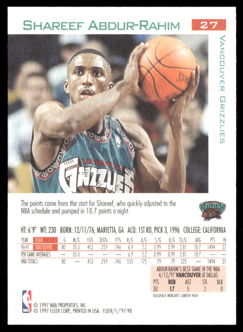 Shareef Abdur-Rahim 1997-98 Fleer #27 Vancouver Grizzlies