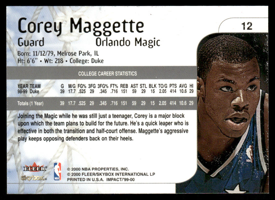 Corey Maggette 1999-00 SkyBox Impact #12 RC Orlando Magic