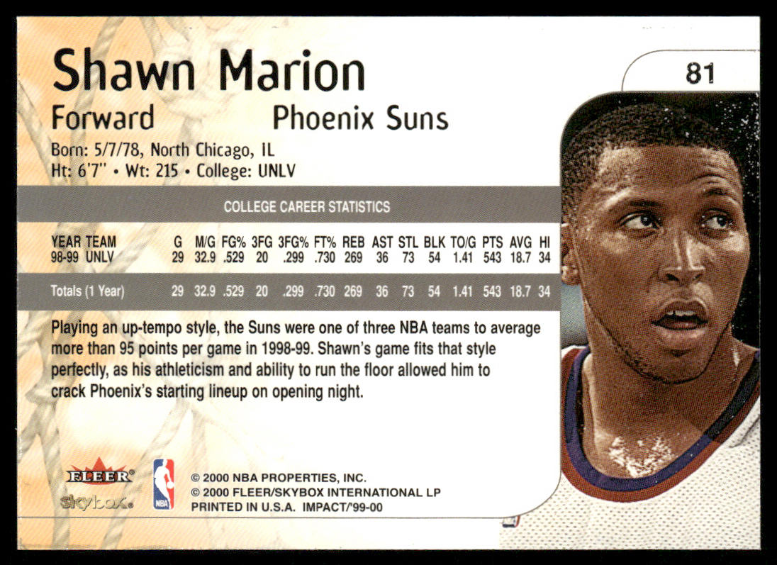 Shawn Marion 1999-00 SkyBox Impact #81 RC Phoenix Suns