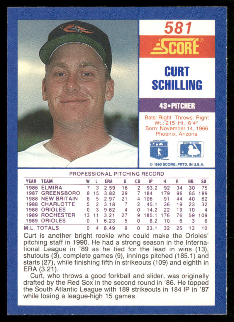 Curt Schilling 1990 Score #581 Baltimore Orioles