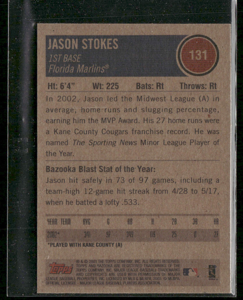 Jason Stokes 2003 Bazooka #131b Florida Marlins