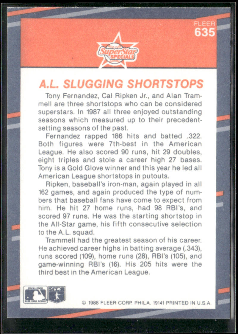 A.L. Slugging Shortstops (Fernandez / Ripken, Jr. / Trammell) 1988 Fleer #635
