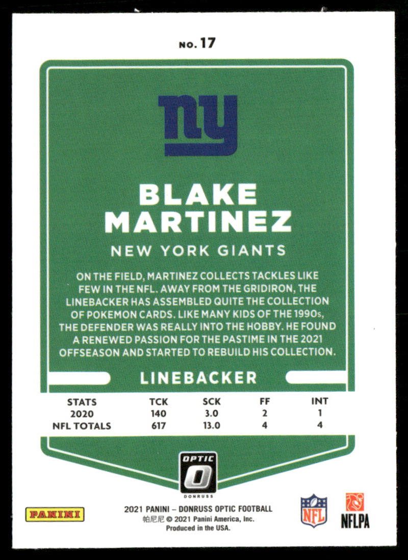 Blake Martinez 2021 Donruss Optic #17 New York Giants