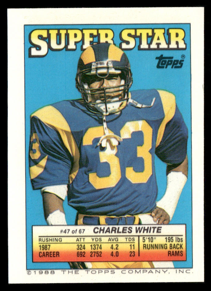 Doug Cosbie / Rulon Jones 1988 Topps Stickers #39 / 179c Charles White 47 Back