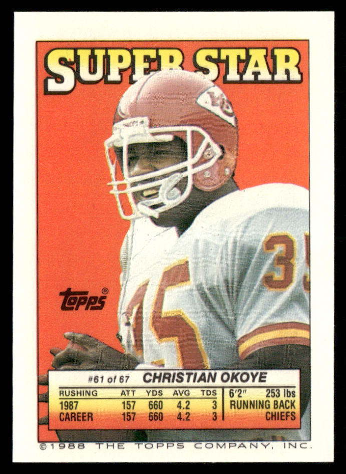 Randall Cunningham 1988 Topps Stickers #42d Christian Okoye 61 back Eagles