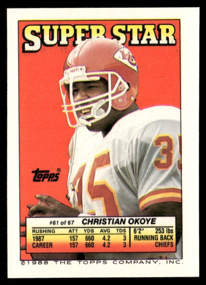 Lawrence Taylor / Johnson 1988 Topps Stickers #73 / 181d Christian Okoye 61 back