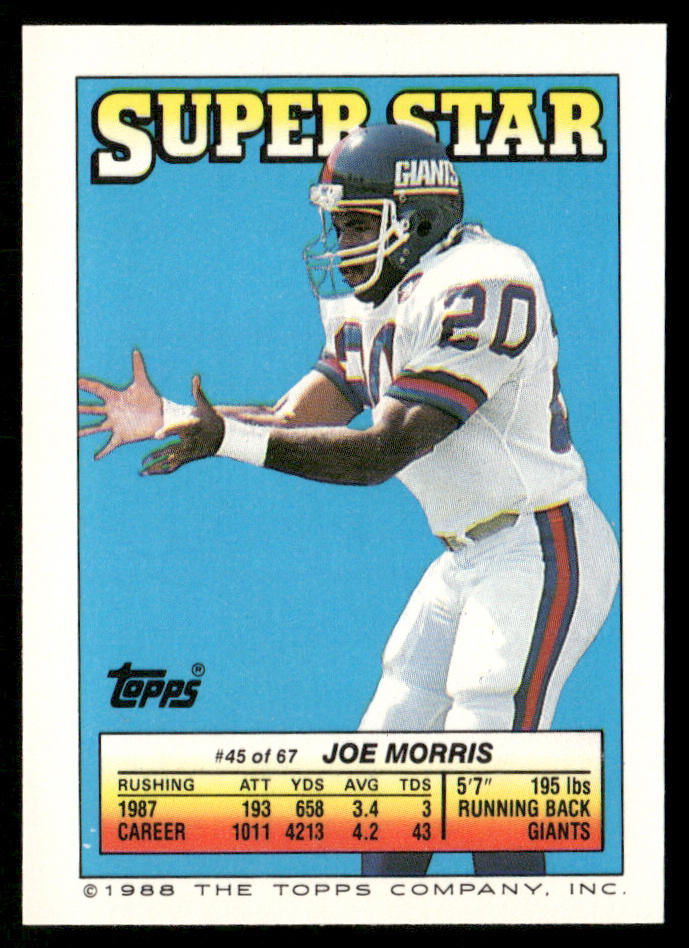 Jim Ryan 1988 Topps Stickers #174c Joe Morris 45 Back Denver Broncos