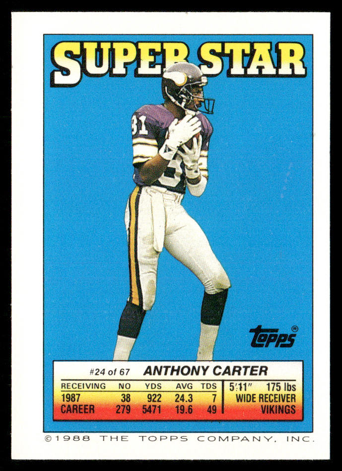 Dixon / John Elway AP, FOIL 1988 Topps Stickers #134 / 147 Anthony Carter 24