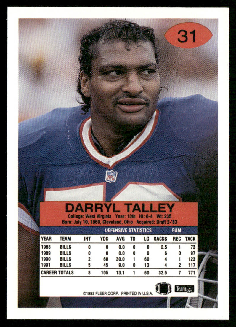 Darryl Talley 1992 Fleer #31 Buffalo Bills