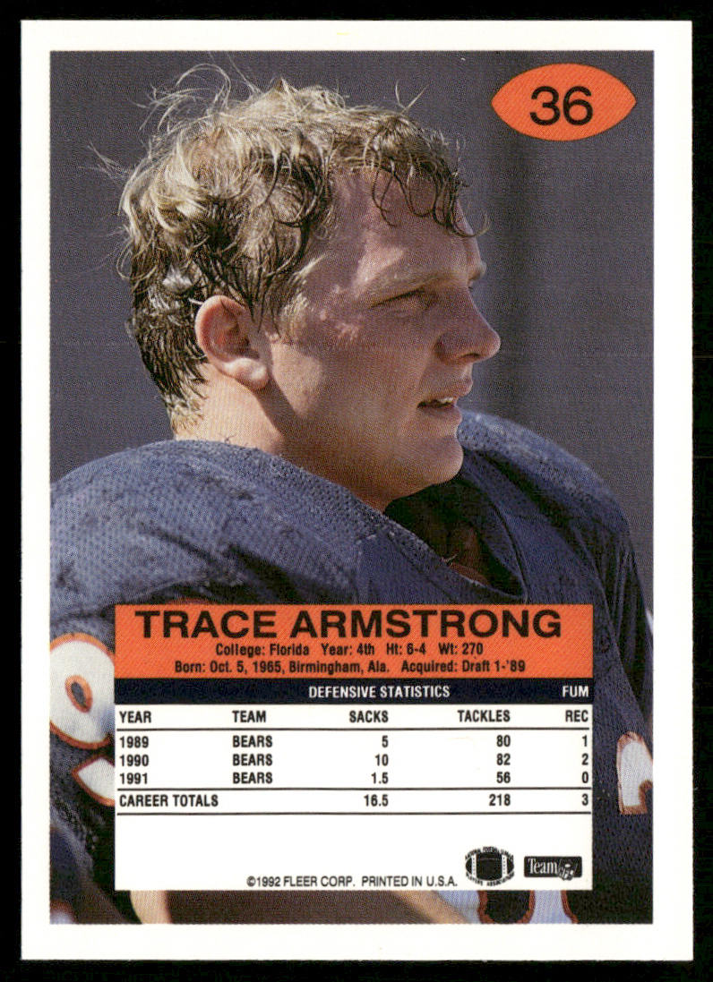 Trace Armstrong 1992 Fleer #36 Chicago Bears