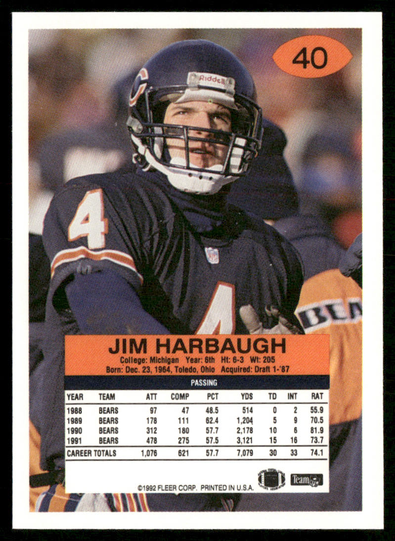 Jim Harbaugh 1992 Fleer #40 Chicago Bears